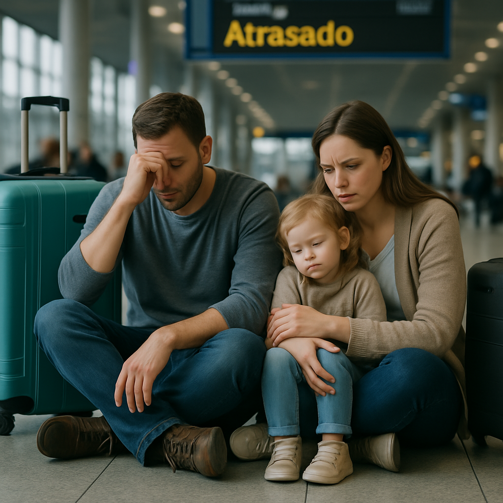 Família frustrada no aeroporto devido a voo atrasado